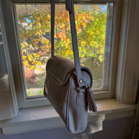 Genuine Leather Tassel Crossbody Bag | Taupe Gray Minimalist Satchel - Picture 5 of 7